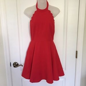 Red scalloped high neck low back halter dress